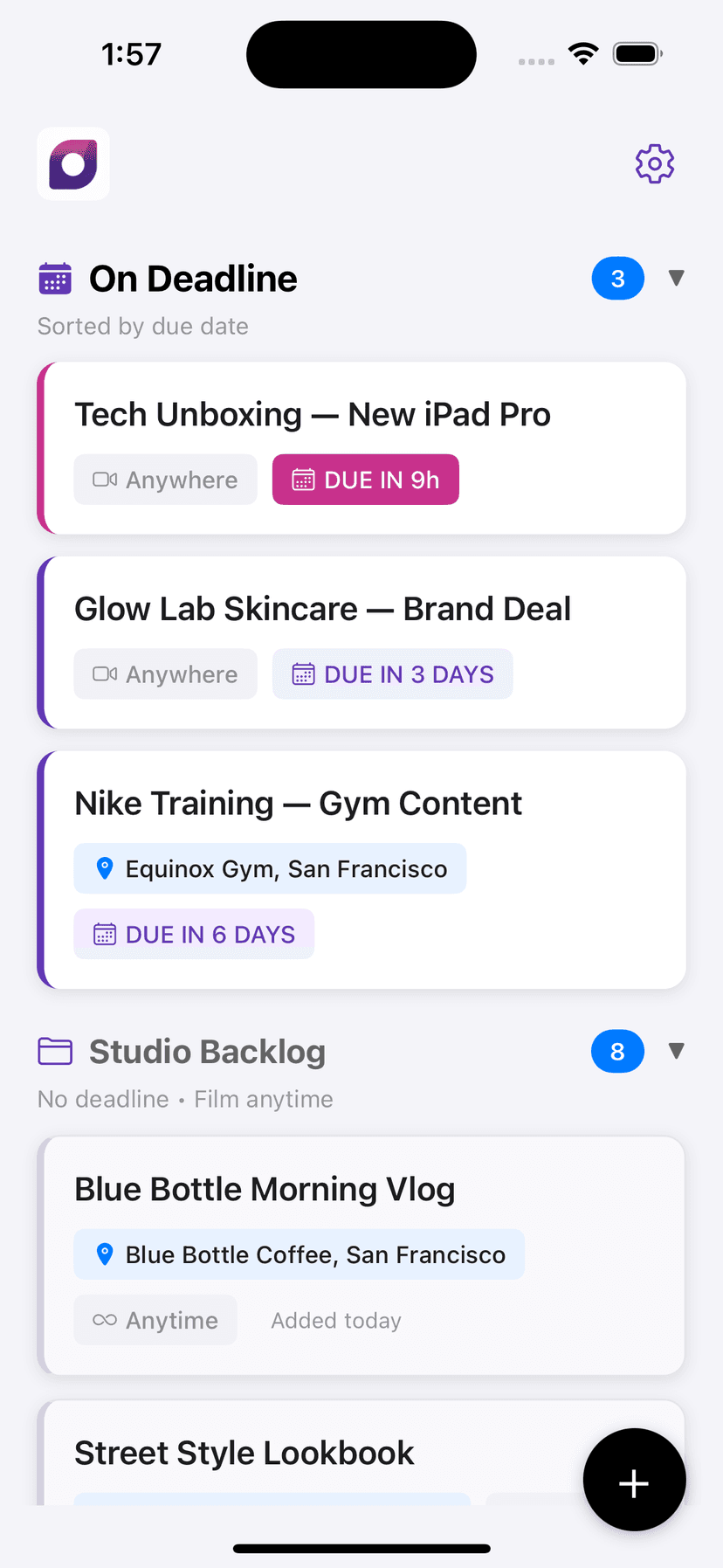SimplistUGC deadline and shoot organization screen