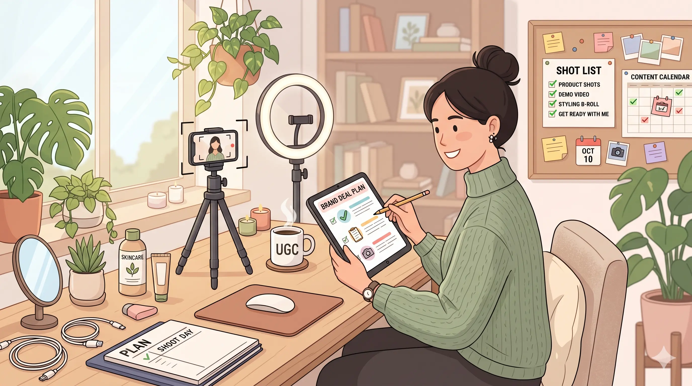 UGC creator reviewing brand deal plan on a tablet at a tidy filming desk with ring light, skincare products, and a shot list on the wall