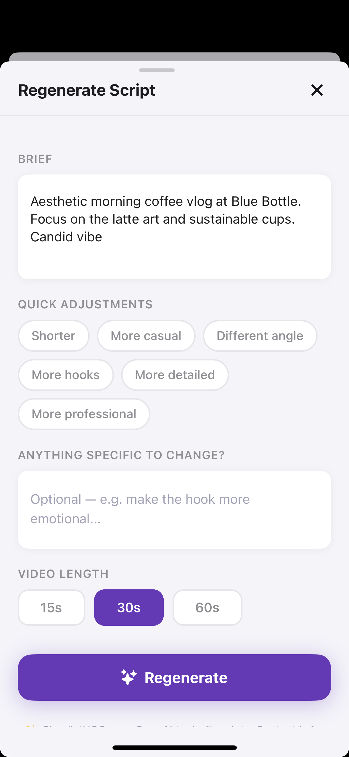 SimplistUGC regenerate script screen with tone controls