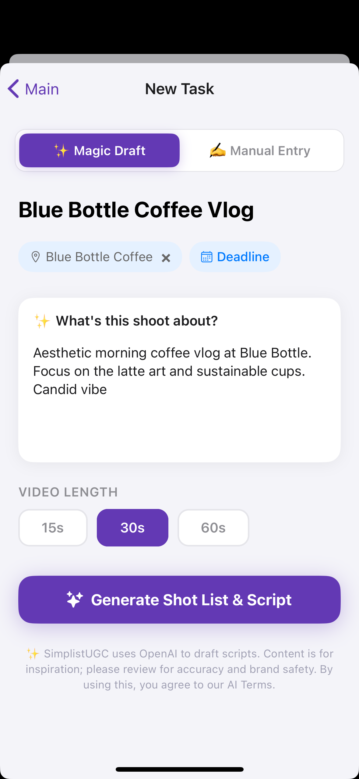 SimplistUGC New Task screen with Magic Draft brief input