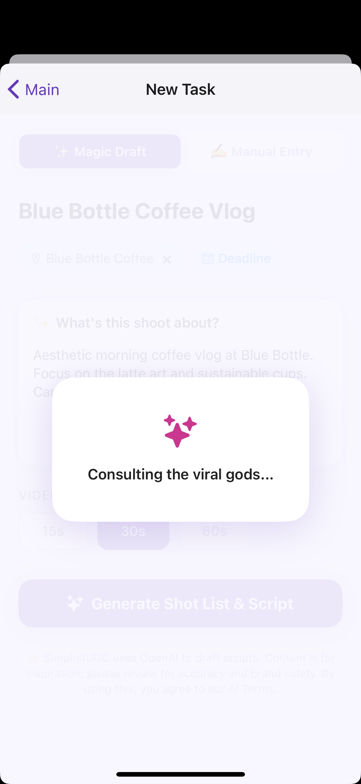 SimplistUGC AI generating shot list — Consulting the viral gods