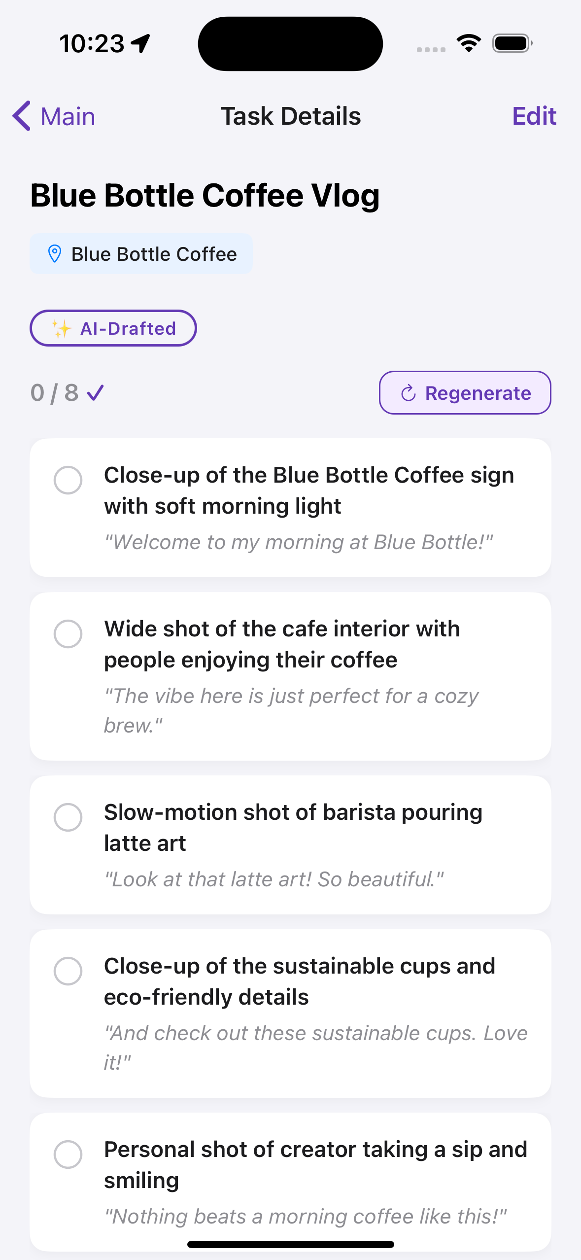 SimplistUGC task details showing AI-drafted shot list with talking points